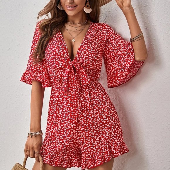 Red Boho Womens Ditsy Floral Tie Front Ruffle Hem Romper - Picture 3 of 5